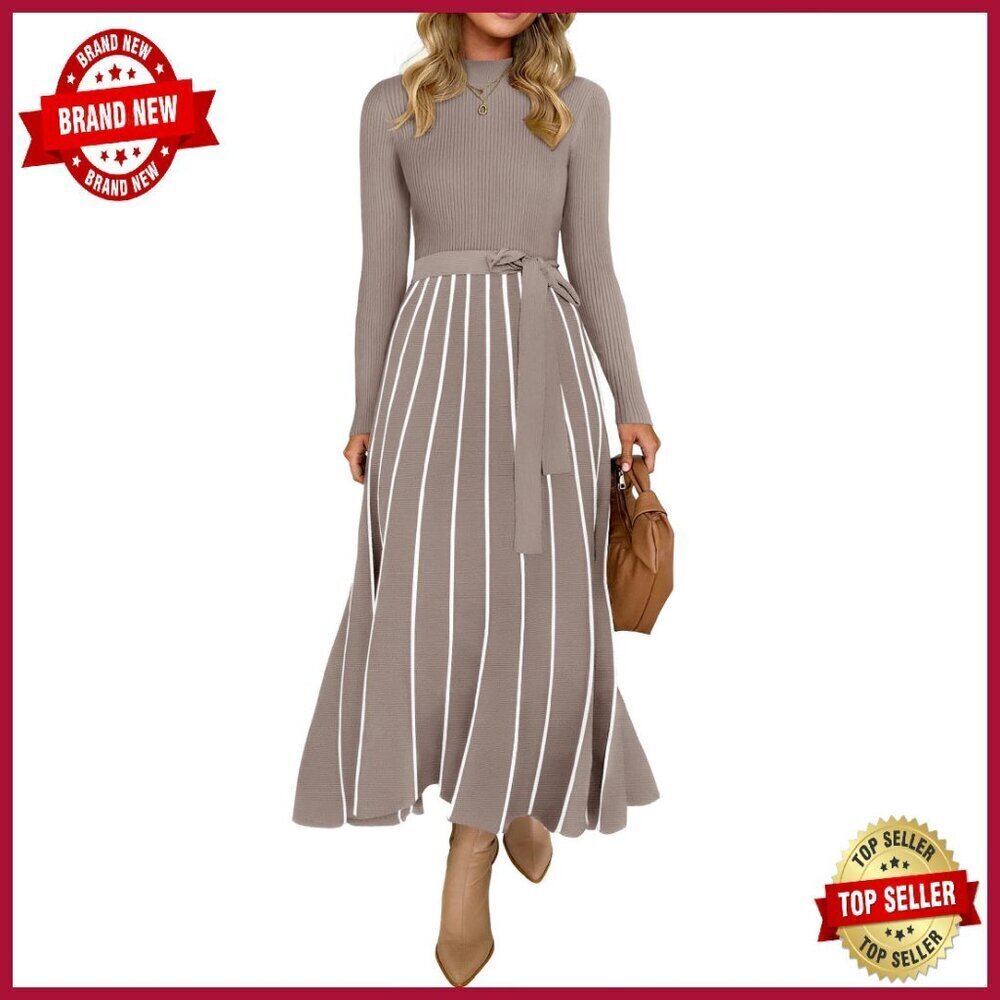 Turtleneck Sweater Dress Tie Waist Loose Fit Ribbed Knit Midi